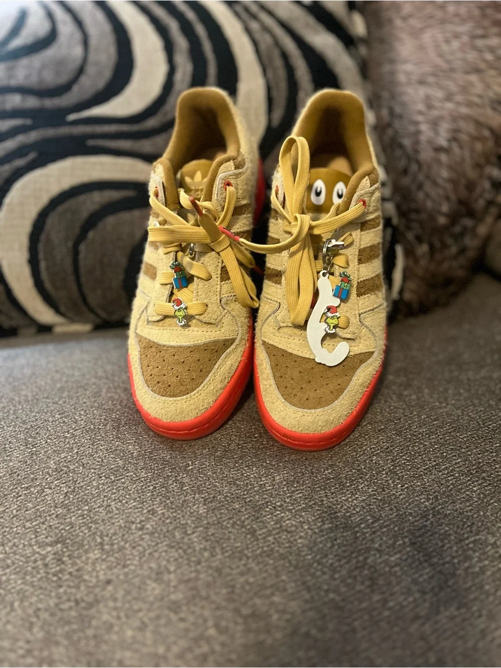 Kids Dr. Suess  adidas orange bottom tan and brown suede.